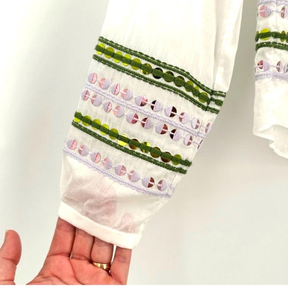 Tory Burch White Tunic with Lavendar and Green Sequin Embroidery. - Picture 7 of 15